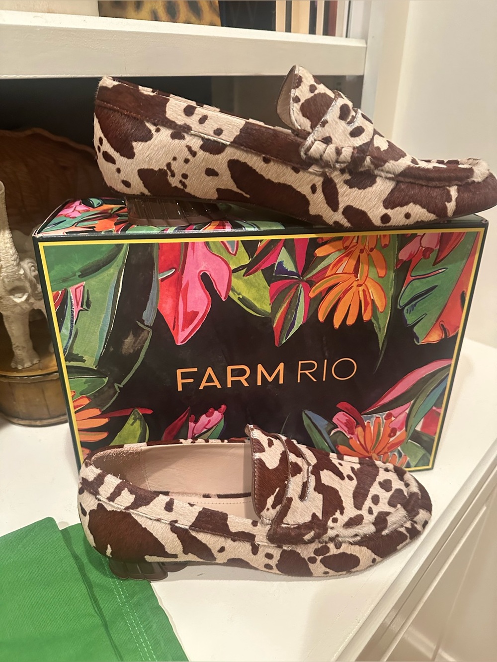 NIB FARM Rio cow print haircalf Monstera heeled loafers - Picture 2 of 8
